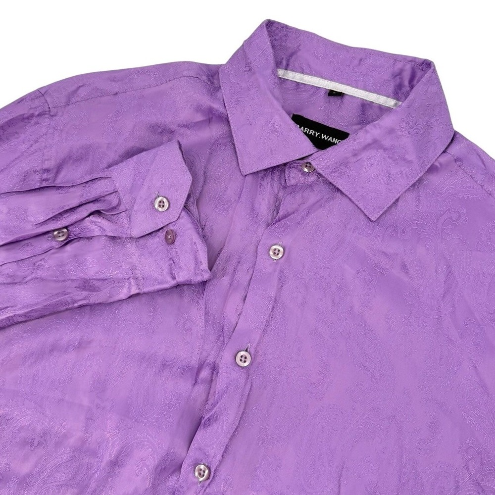 Barry Wang Mens Large Button Down Shirt Long Sleeve Purple‎ Paisley Jacquard